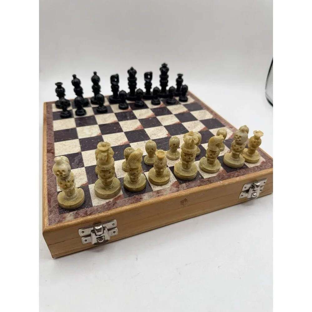 Travel Wooden Marble Chess Set Board Game Soapstone / Marble Hand Carved Pieces